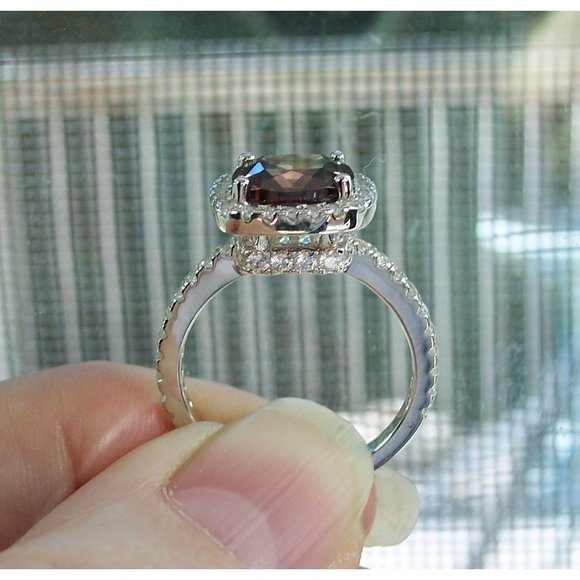 925 STERLING SILVER Cushion Cut Chocolate CZ Halo Ring - Picture 5 of 15